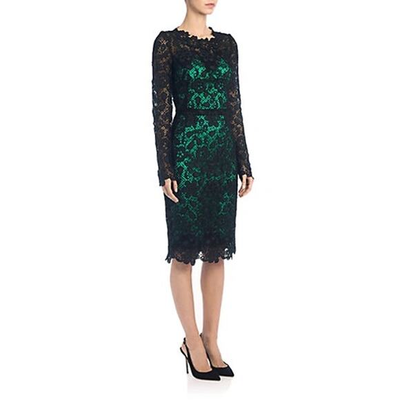 NWT Dolce & Gabbana Black Green Long-Sleeve Lace Dress Contrast Slip IT 42 M - Picture 3 of 15